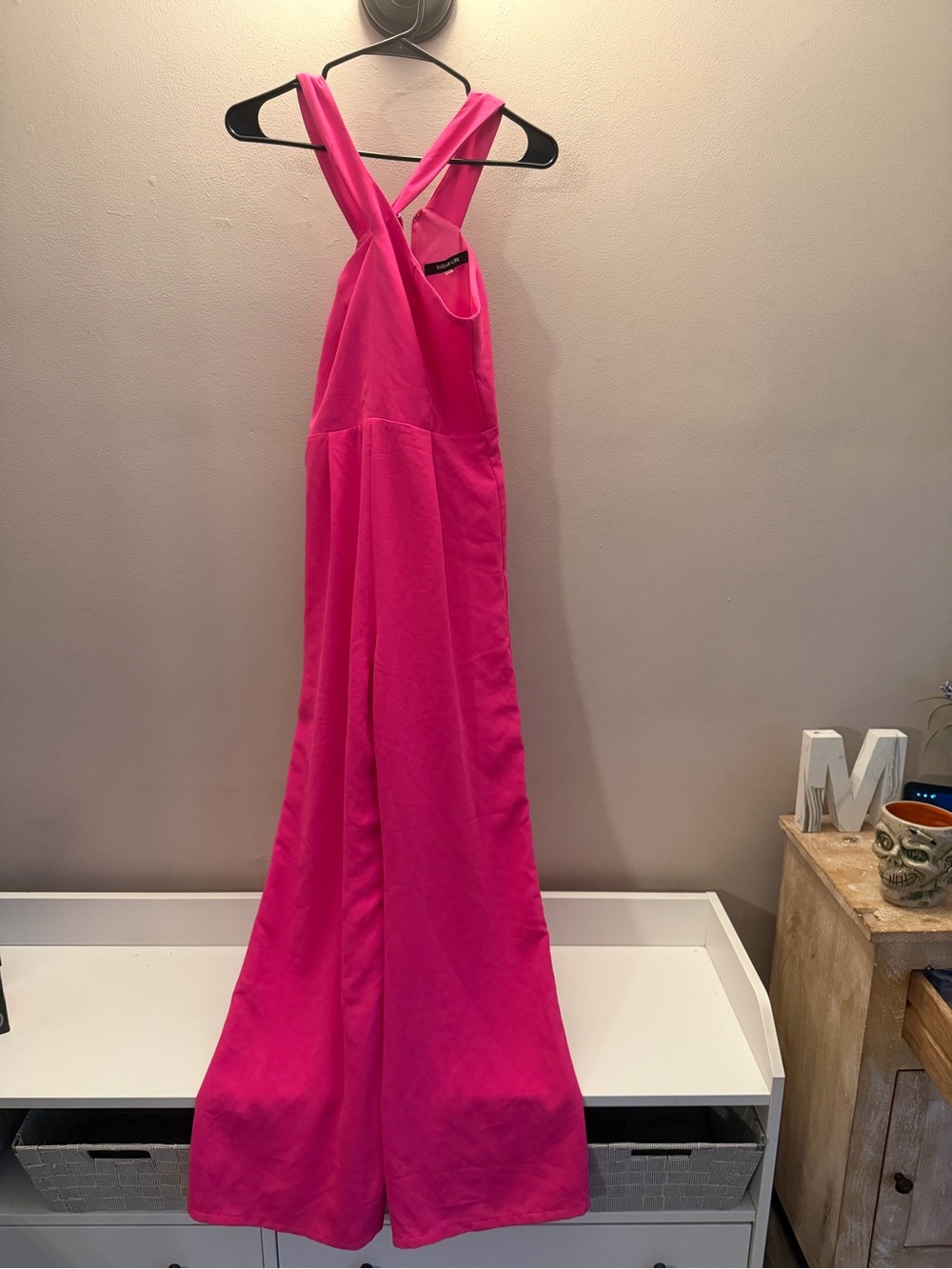 Sugar Lips Hot Pink Halter Wide Leg Jumpsuit Crossover Neck XS